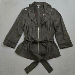 WHBM Women 00 Black Belted Ruffle Collar V Neck Zip Up Jacket